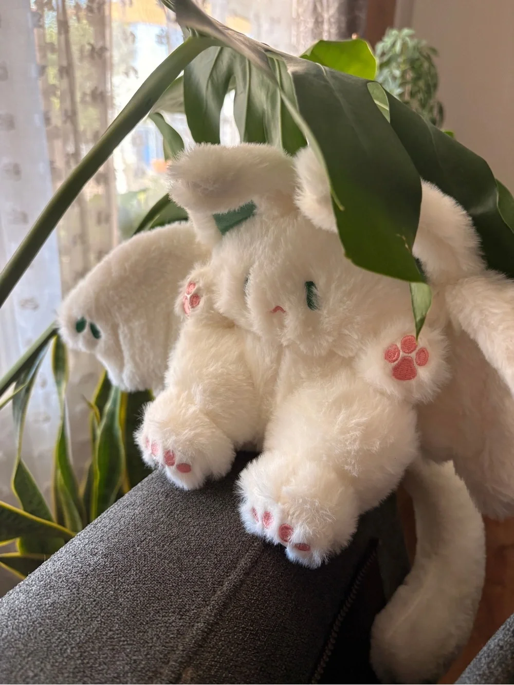 Plush White Bunny Bat Kids with Tail with Pink Paw Accents